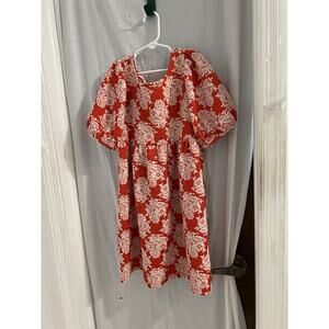 Janie And Jack Red White Floral Jacquard Puff Sleeve Dress Sz 8